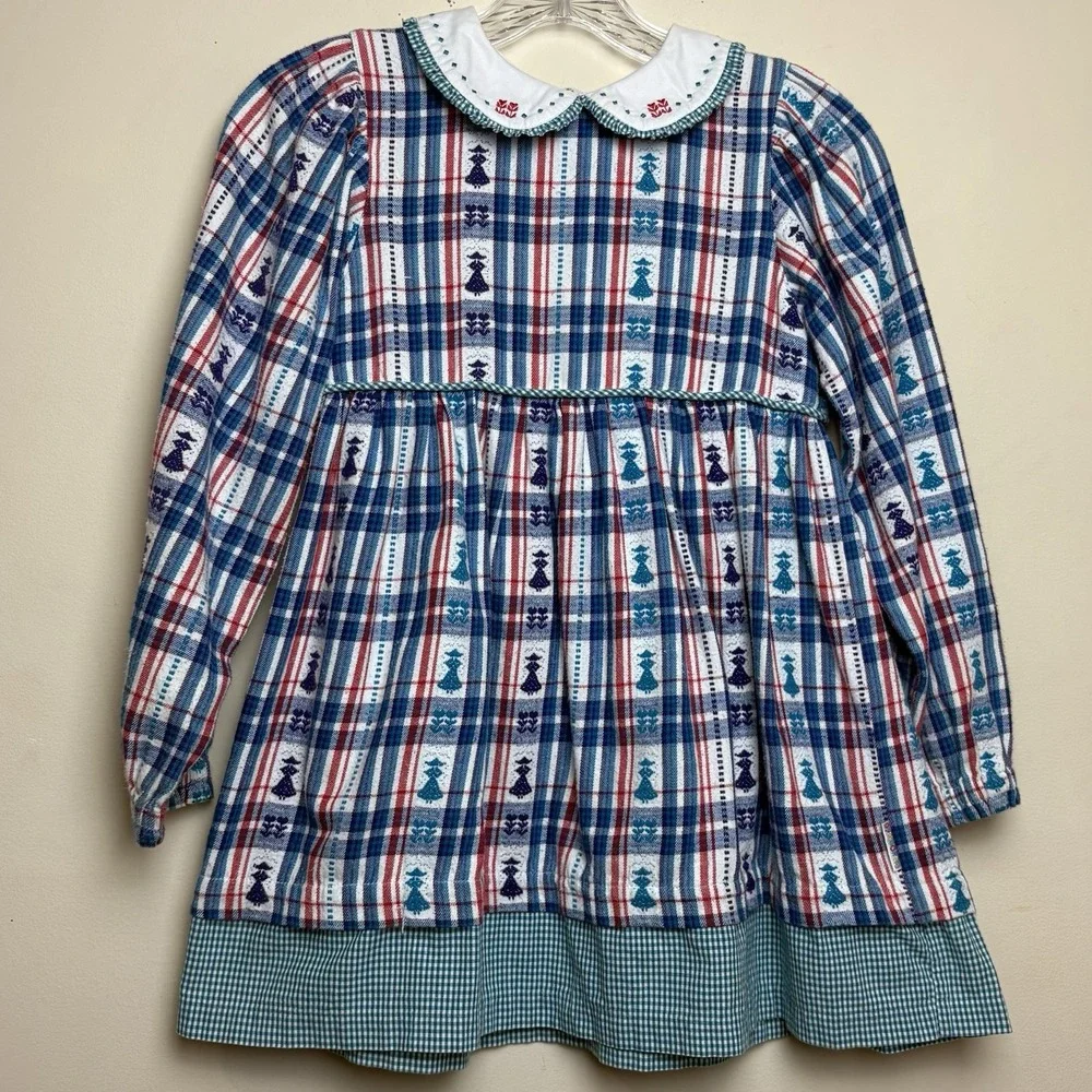 VTG Gymboree Folk Plaid Dress XXL 6-7 Puff Sleeve Peter Pan Collar Gingham Trim